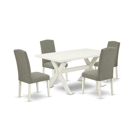 East West Furniture 5-Pc Dinette Set Included 4 Parson Dining chairs Upholstered Nails Head Seat and Stylish Chair Back and Rectangular Dining Table with Linen White rectangular Table Top - Linen Whit