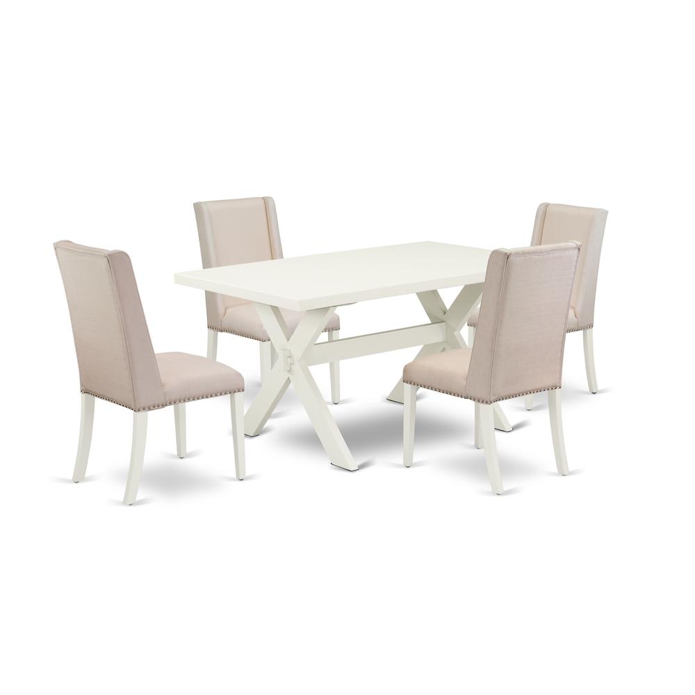 East West Furniture 5-Piece Modern Dining Table Set a Great Linen White Modern Dining Table Top and 4 Wonderful Linen Fabric Parson Dining Room Chairs with Nails Head and Stylish Chair Back, Linen Whi