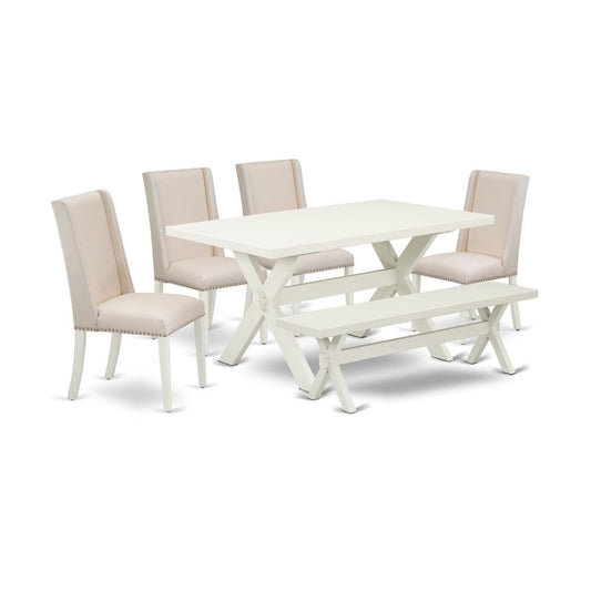 East West Furniture 6-Piece Gorgeous kitchen table set a Superb Linen White Wood Dining Table Top and Linen White Dining Room Bench and 4 Lovely Linen Fabric Dining Chairs with Nail Heads and Stylish