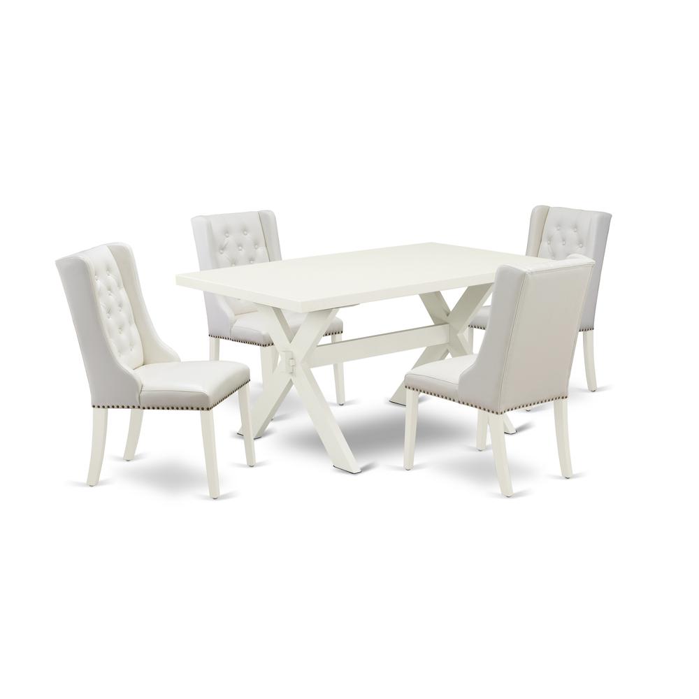 East West Furniture X026FO244-5 5-Pc Dining Table Set Contains 4 White Pu Leather Dining Chairs Button Tufted with Nailhead and Wooden Dining Table - Linen White Finish