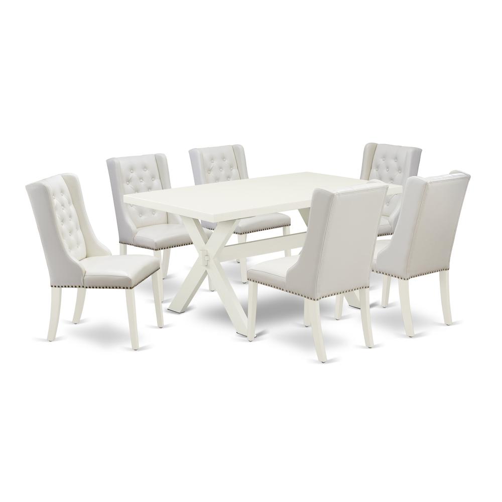 East West Furniture X026FO244-7 7-Piece Dining Room Set Contains 6 White Pu Leather Parson Dining Chairs with Button Tufted and Mid Century Dining Table - Linen White Finish