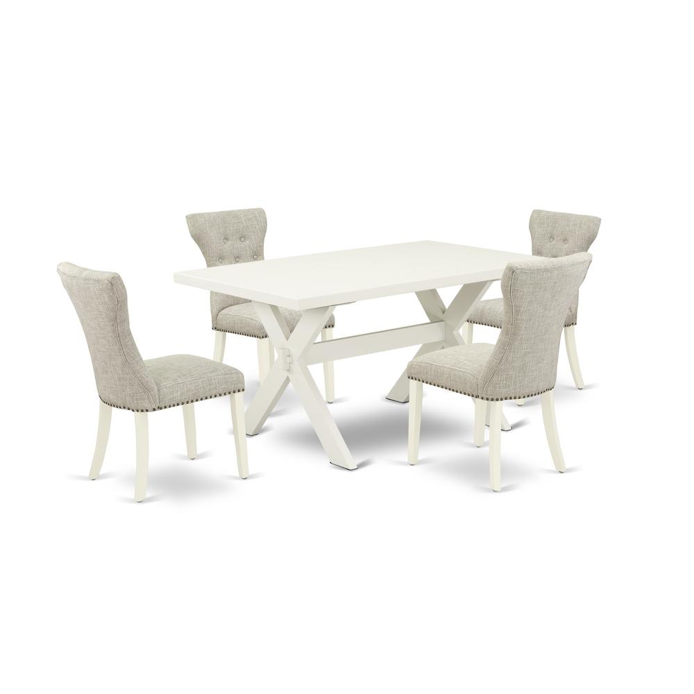 East West Furniture 5-Pc Dining room Set Included 4 kitchen parson chairs Upholstered Nails Head Seat and High Button Tufted Chair Back and Rectangular Dining Table with Linen White dining table Top -