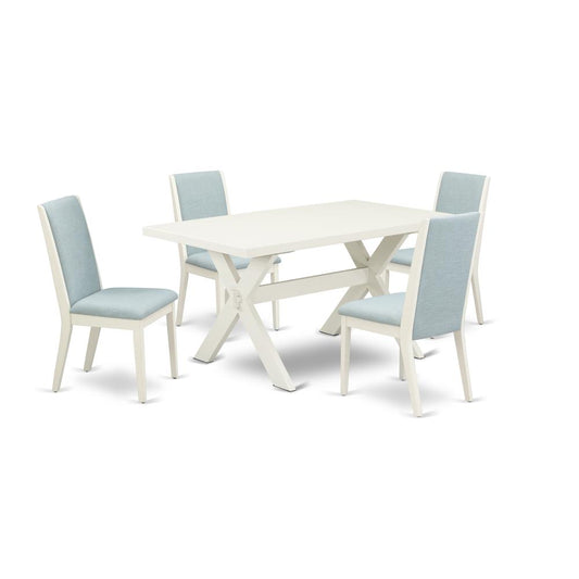 East West Furniture X026LA015-5 5Pc Dining Table set Contains a Wood Dining Table and 4 Parsons Dining Chairs with Baby Blue Color Linen Fabric, Medium Size Table with Full Back Chairs, Wirebrushed Li