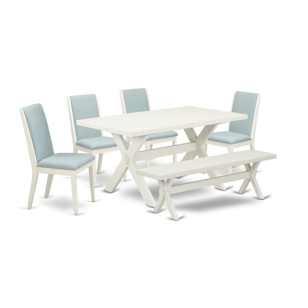 East West Furniture X026LA015-6 6Pc Dinette Sets for Small Spaces Includes a Dining Table, 4 Parsons Dining Chairs with Baby Blue Color Linen Fabric and a Bench, Medium Size Table with Full Back Chair