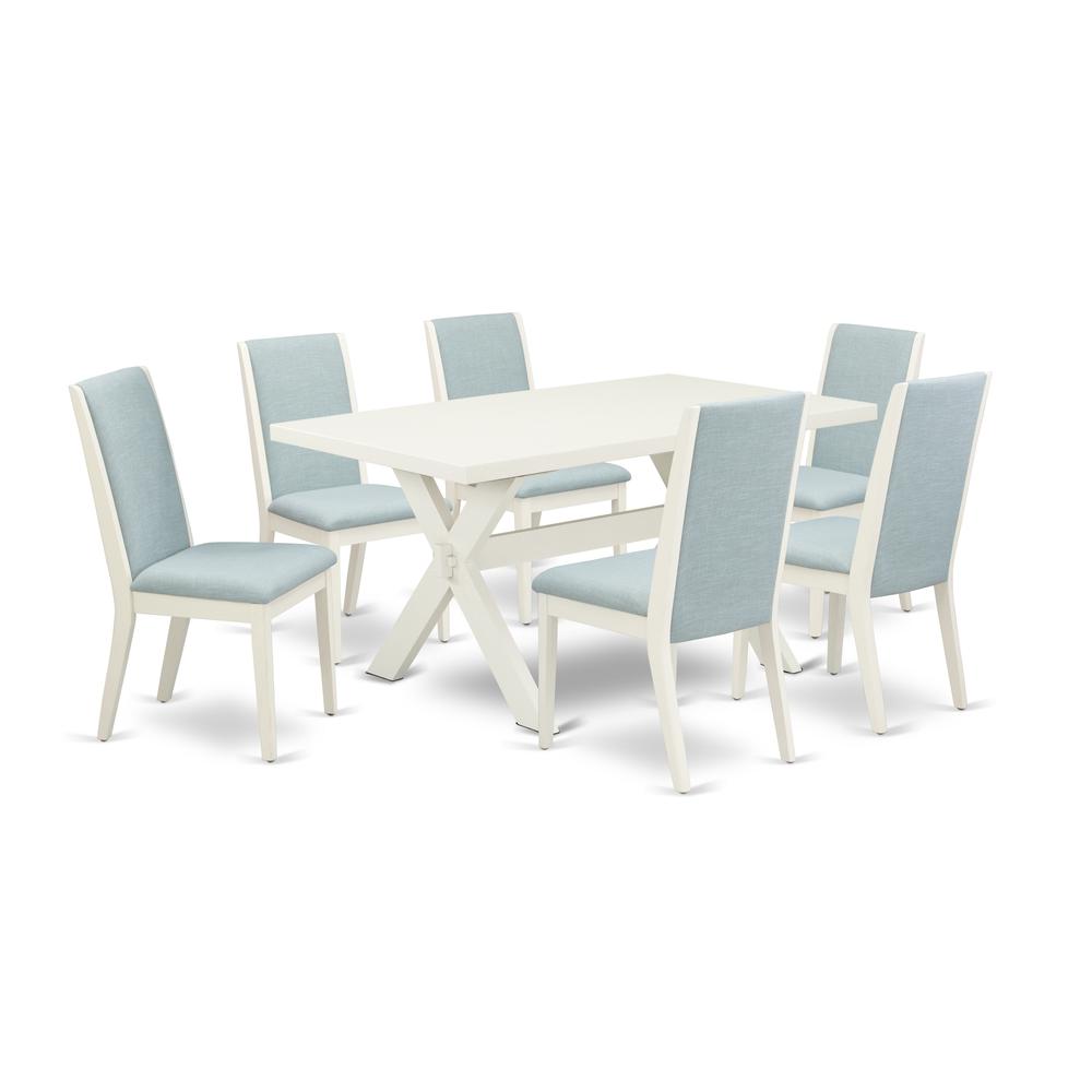 East West Furniture X026LA015-7 7Pc Dinette Set Includes a Wood Table and 6 Upholstered Dining Chairs with Baby Blue Color Linen Fabric, Medium Size Table with Full Back Chairs, Wirebrushed Linen Whit