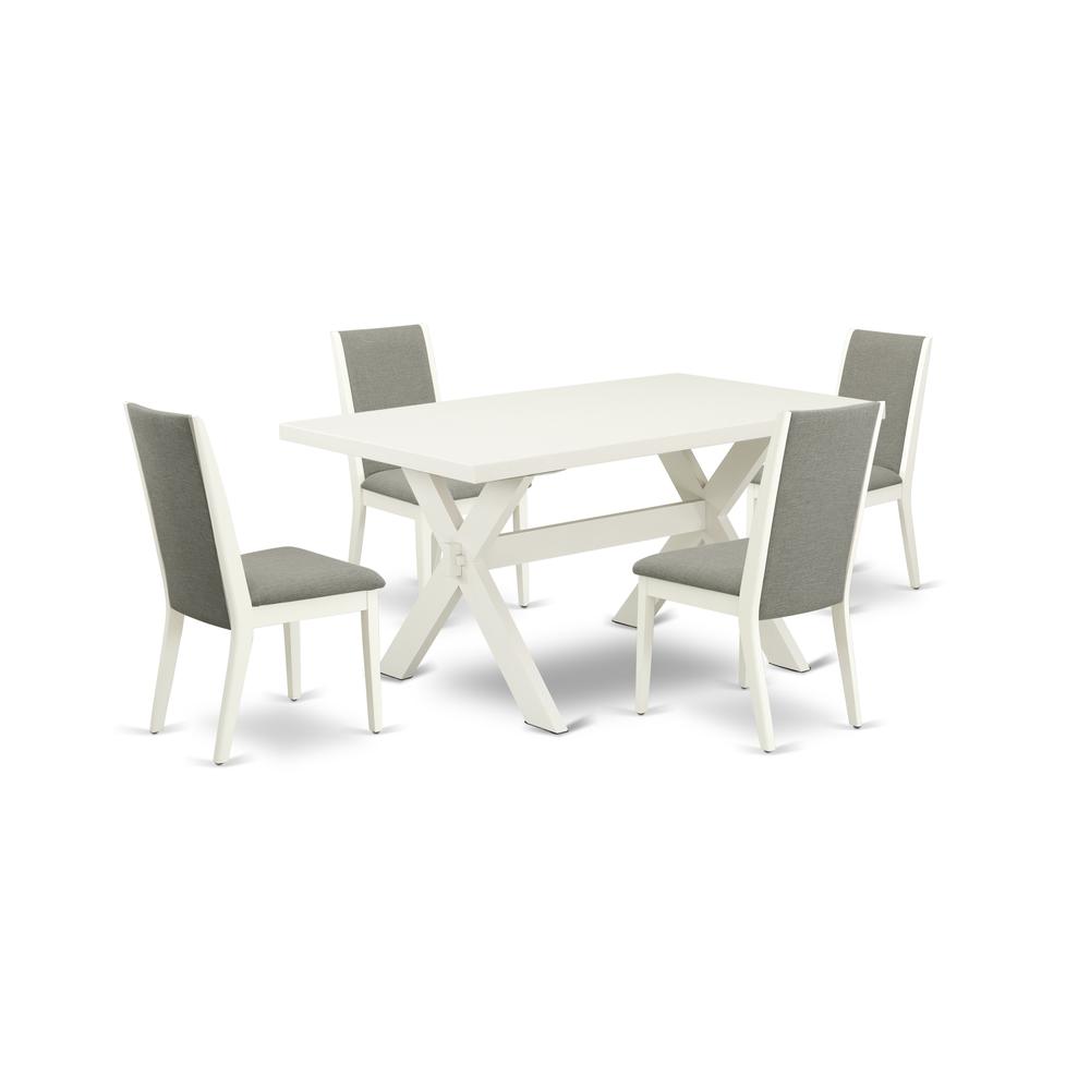 East West Furniture X026LA206-5 5-Piece Beautiful kitchen table set a Superb Linen White Dining Room Table Top and 4 Lovely Linen Fabric Parson Dining Chairs with Stylish Chair Back, Linen White Finis