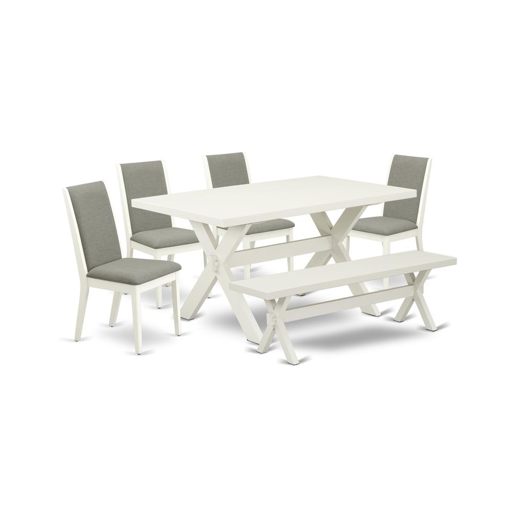 East West Furniture X026LA206-6 6-Piece Beautiful Dinette Set an Outstanding Linen White dining table Top and Linen White Indoor Bench and 4 Stunning Linen Fabric Parson Dining Room Chairs with Stylis