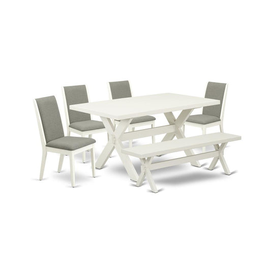 East West Furniture X026LA206-6 6-Piece Beautiful Dinette Set an Outstanding Linen White dining table Top and Linen White Indoor Bench and 4 Stunning Linen Fabric Parson Dining Room Chairs with Stylis