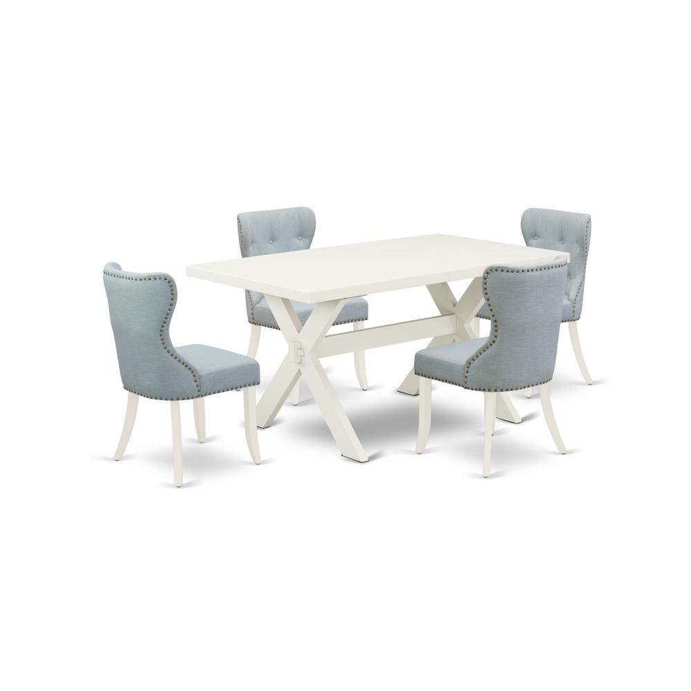 East West Furniture X026SI215-5 5-Piece Dining Set- 4 Mid Century Dining Chairs with Baby Blue Linen Fabric Seat and Button Tufted Chair Back - Rectangular Table Top & Wooden Cross Legs - Linen White