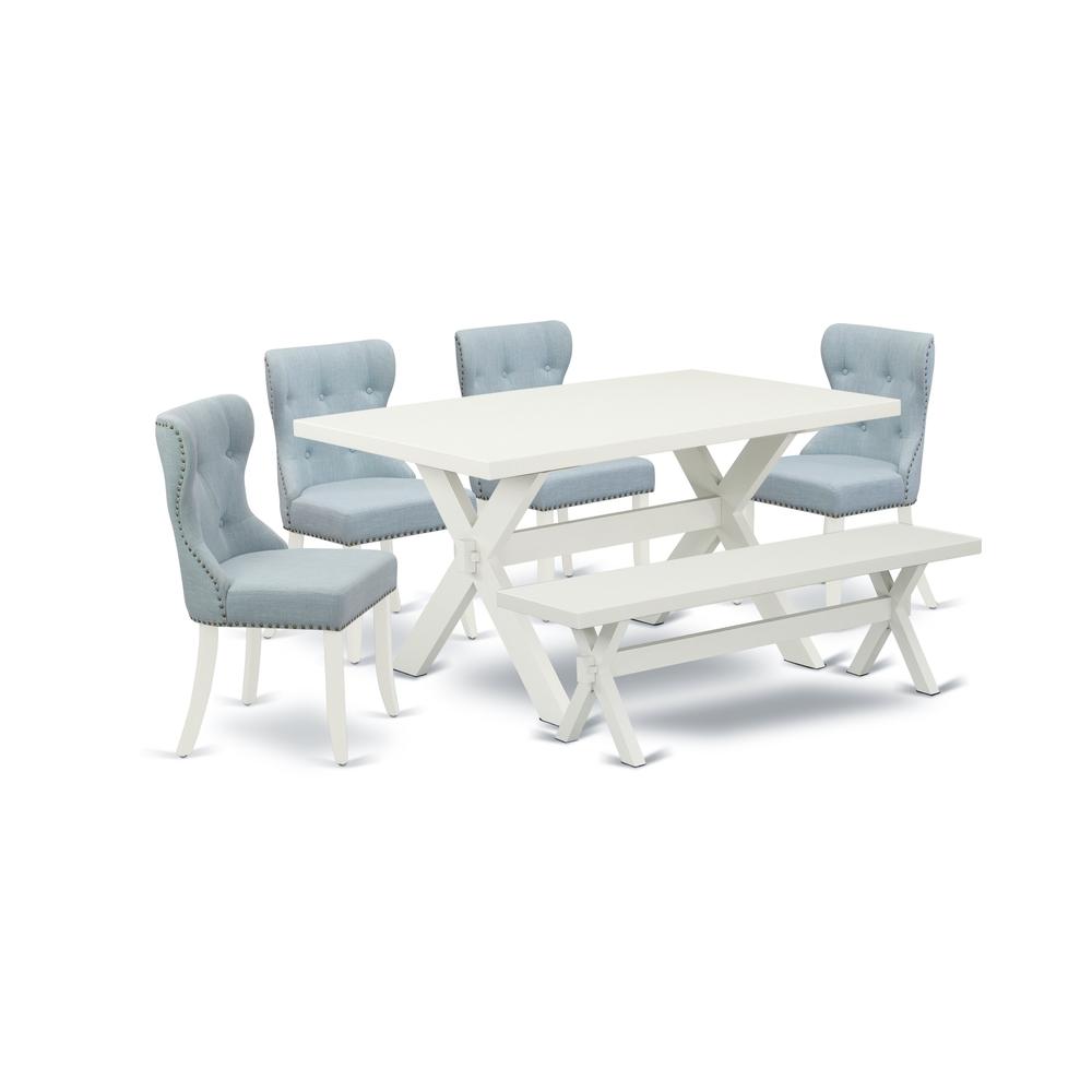 East West Furniture X026SI215-6 6-Pc Dinette Set- 4 Dining Chairs with Baby Blue Linen Fabric Seat and Button Tufted Chair Back - Rectangular Top & Wooden Cross Legs Kitchen Dining Table and Wooden Di