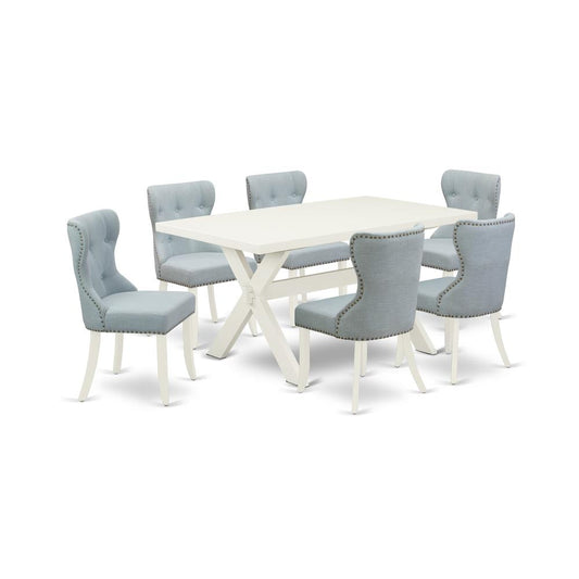 East West Furniture X026SI215-7 7-Piece Dining Set- 6 padded parson chairs with Baby Blue Linen Fabric Seat and Button Tufted Chair Back - Rectangular Table Top & Wooden Cross Legs - Linen White Finis