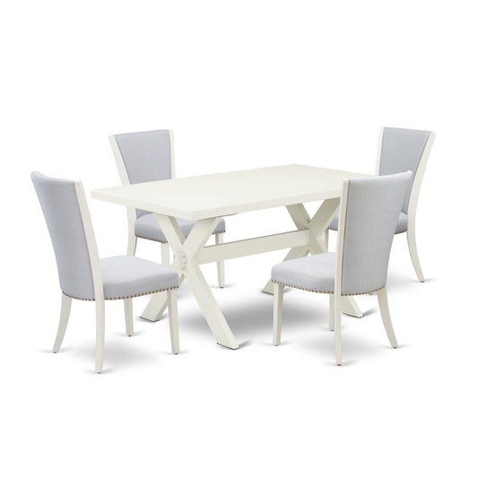 East West Furniture 5-Piece Dining Set Consists of 4 Dining Room Chairs with Upholstered Seat and Stylish Back-Rectangular Breakfast Table - Linen White and Wirebrushed Linen White Finish