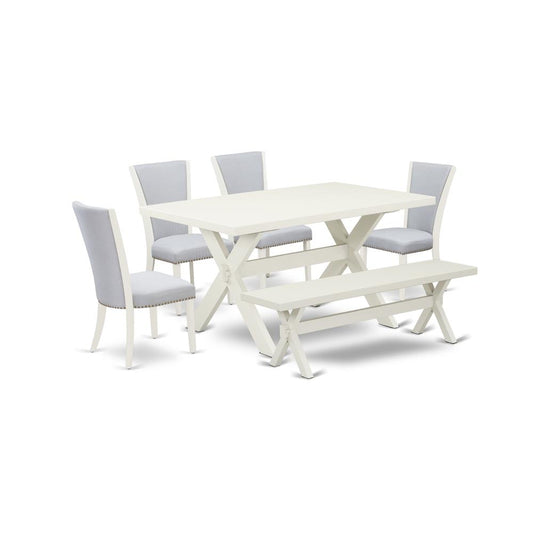 East West Furniture X026VE005-6 6 Piece Dining Set - Linen White Rectangular Table, 1 Modern Bench, and 4 Grey Linen Fabric Parson Chairs with Nailheads - Wirebrushed Linen White Finish