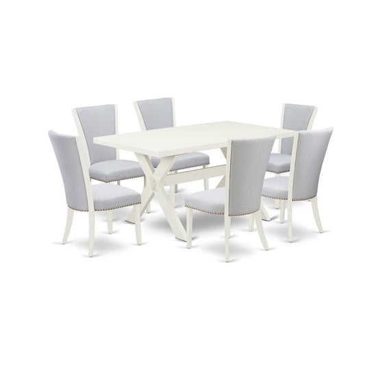 East West Furniture 7-Piece Kitchen Table Set Includes 6 Mid Century Dining Chairs with Upholstered Seat-Rectangular Rectangular Dining Table - Linen White and Wirebrushed Linen White Finish