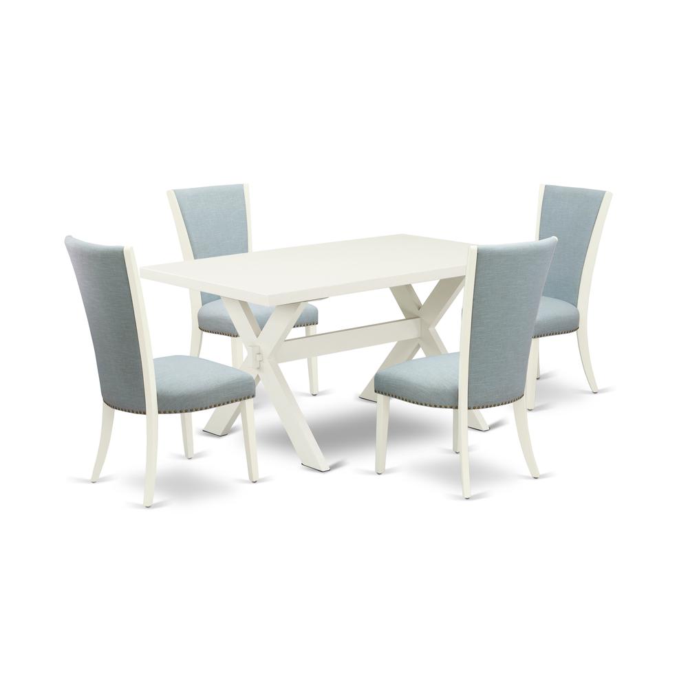 East West Furniture X026VE215-5 5 Piece Modern Dining Table Set - 4 Baby Blue Linen Fabric Parson Dining Chairs with Nailheads and Linen White Wood Table - Linen White Finish