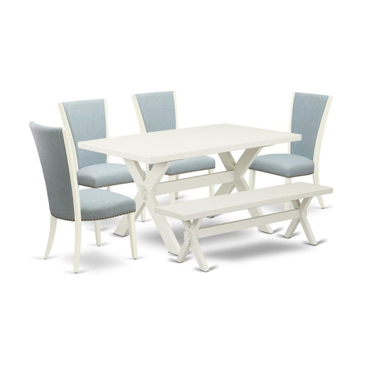 East West Furniture X026VE215-6 6 Piece Dinette Set - 4 Baby Blue Linen Fabric Dining Room Chairs with Nailheads and Linen White Wooden Dining Table - 1 Wooden Bench - Linen White Finish