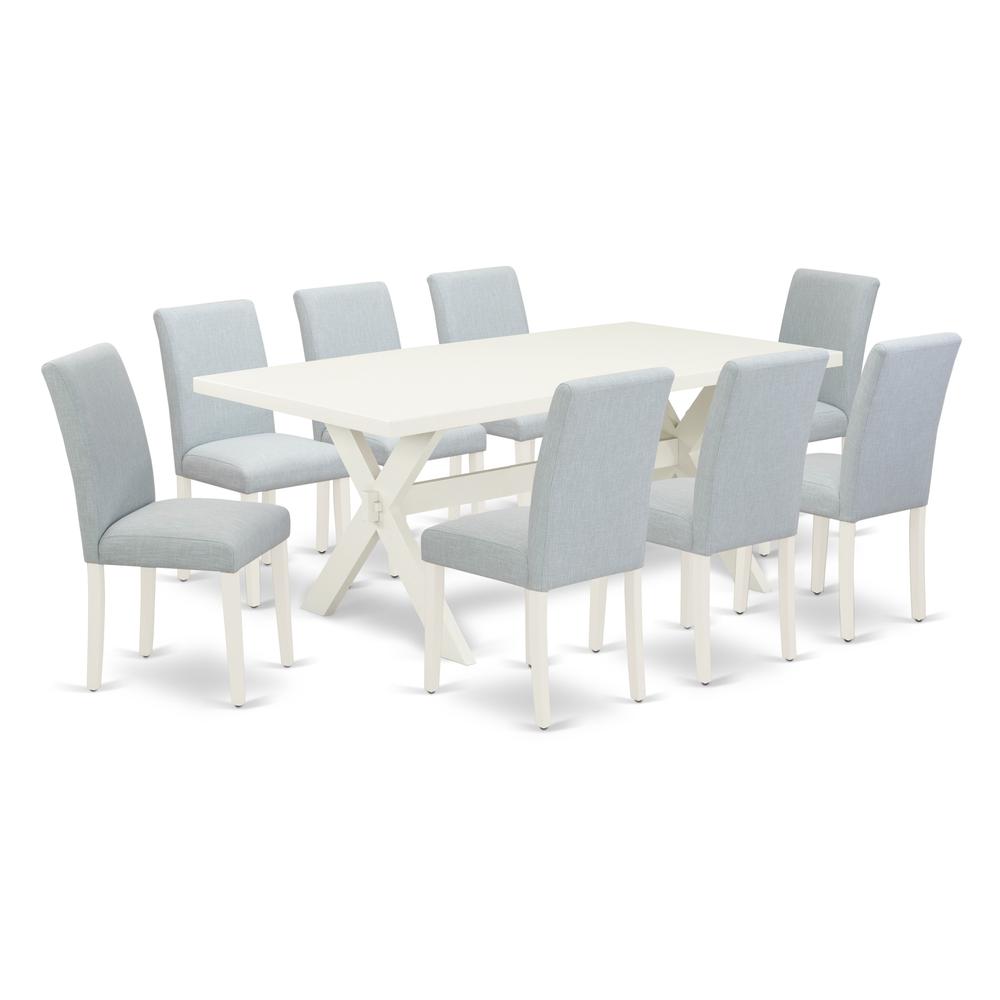 East West Furniture 9-Pc Dinette Set Includes 8 Dining Chairs with Upholstered Seat and High Back and a Rectangular Dining Room Table - Linen White Finish