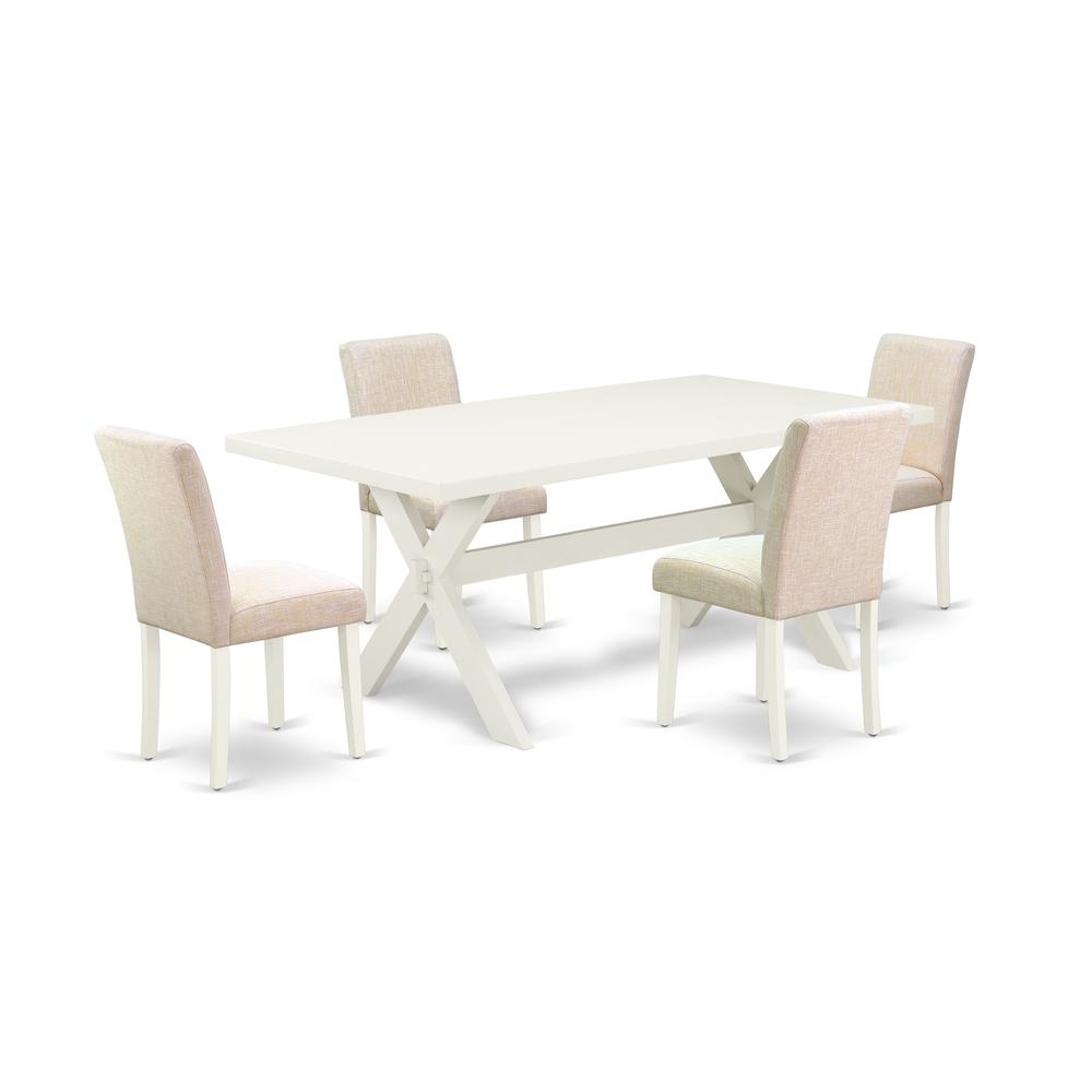 East West Furniture 5-Pc Modern Dinette Set Included 4 Parson Dining chairs Upholstered Nails Head Seat and Stylish Chair Back and Rectangular Wood Dining Table with Linen White rectangular Table Top