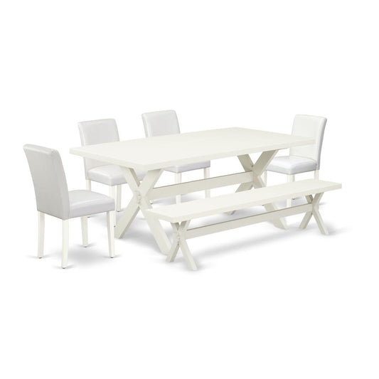 East West Furniture X027AB264-6 6-Piece Amazing Dining Room Table Set an Excellent Linen White Dining Room Table Top and Linen White Small Bench and 4 Gorgeous Pu Leather Parson Dining Chairs with Sty