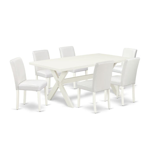 East West Furniture X027AB264-7 7-Piece Amazing Dining Room Table Set an Excellent Linen White Kitchen Table Top and 6 Awesome Pu Leather Dining Chairs with Stylish Chair Back, Linen White Finish