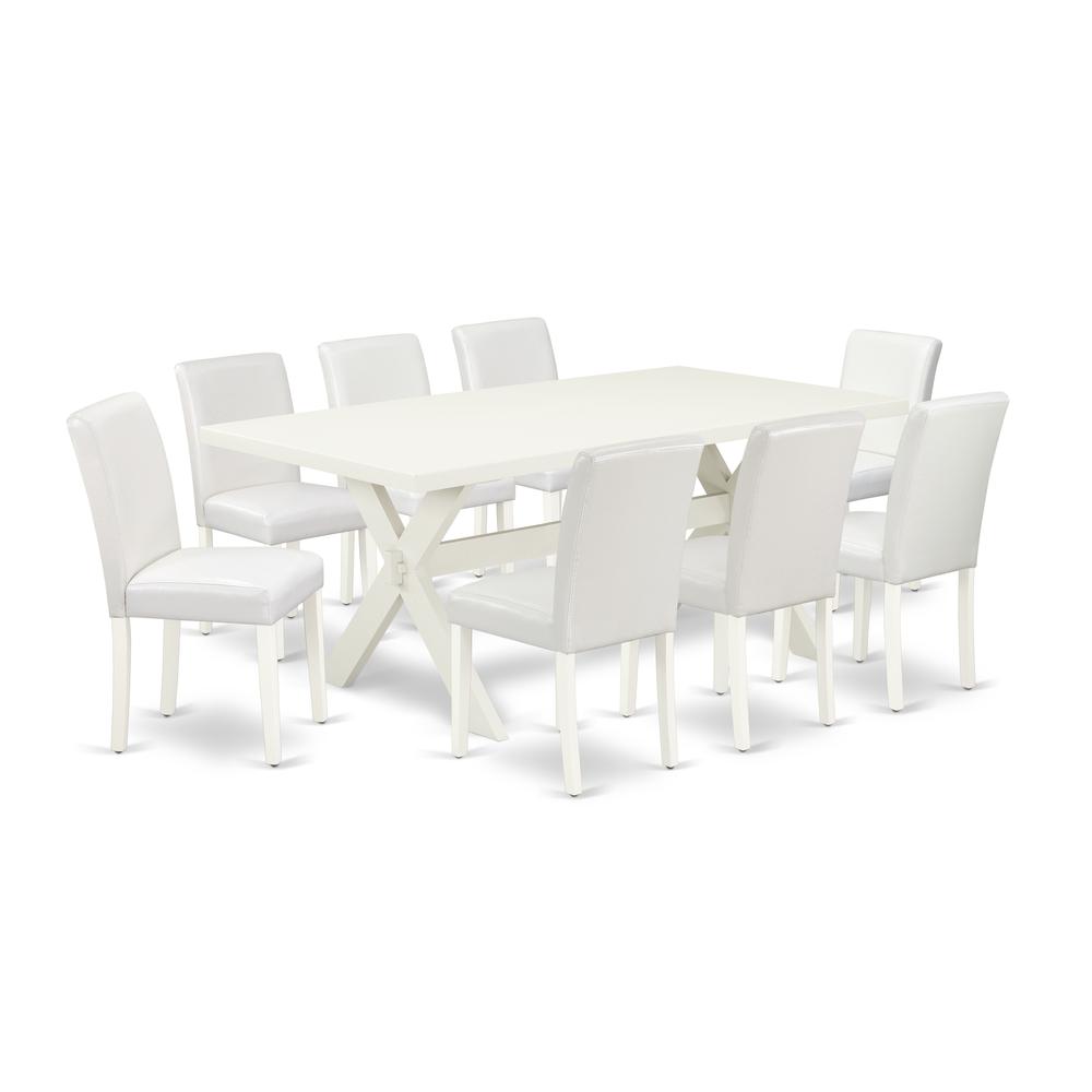 East West Furniture X027AB264-9 9-Piece Gorgeous Dining Set an Outstanding Linen White Rectangular Dining Table Top and 8 Awesome Pu Leather Dining Chairs with Stylish Chair Back, Linen White Finish