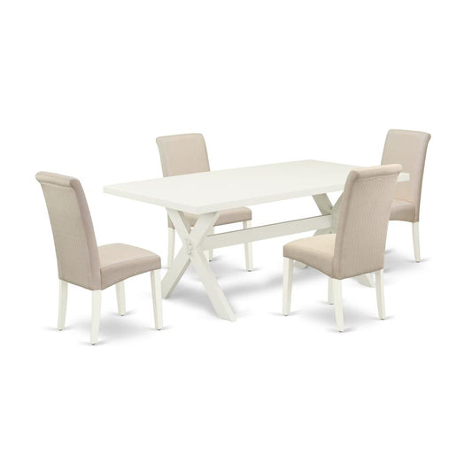 East West Furniture 5-Pc Modern Dinette Set Included 4 Parson Dining chairs Upholstered Nails Head Seat and Stylish Chair Back and Rectangular Mid Century Dining Table with Linen White rectangular Din