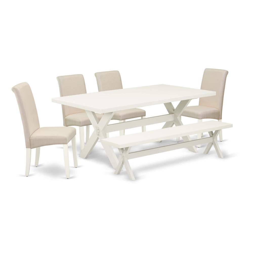 East West Furniture 6-Piece Dining -Luxurious cream linen fabric Seat and High Stylish Chair Back Dining room chairs, A Rectangular Bench and Rectangular Top Kitchen Table with Wooden Legs - Linen Whi