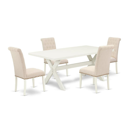 East West Furniture 5-Piece Dining room Table Set Included 4 Parson Dining chairs Upholstered Seat and High Button Tufted Chair Back and Rectangular dining table with Linen White Dinette Table Top - L