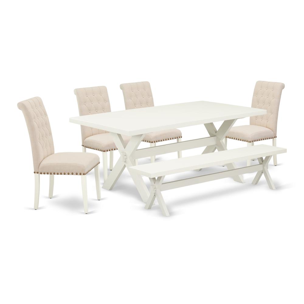 East West Furniture 6-Piece Table Dining Set-Light Beige Linen Fabric Seat and Button Tufted Chair Back Parson Dining chairs, A Rectangular Bench and Rectangular Top Wood Kitchen Table with Hardwood L