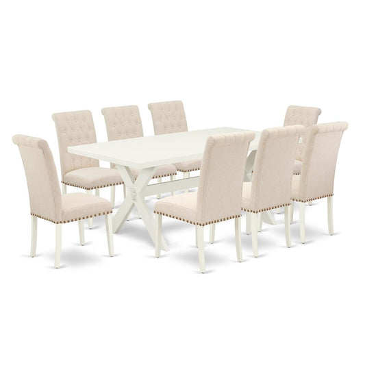 East West Furniture X027BR202-9 - 9-Piece Modern Dining Table Set - 8 Upholstered Dining Chairs and a Rectangular Table Hardwood Frame