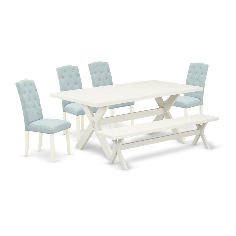 East West Furniture 6-Piece Wood Dining Table Set-Baby Blue Linen Fabric Seat and Button Tufted Chair Back Parson chairs, A Rectangular Bench and Rectangular Top Modern Dining Table with Solid Wood Le