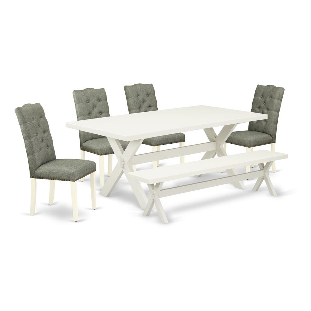 East West Furniture 6-Pc Dinette Table Set-Smoke Color Linen Fabric Seat and Button Tufted Chair Back Dining chairs, a Rectangular Bench and Rectangular Top Modern Dining Table with Wood Legs - Linen