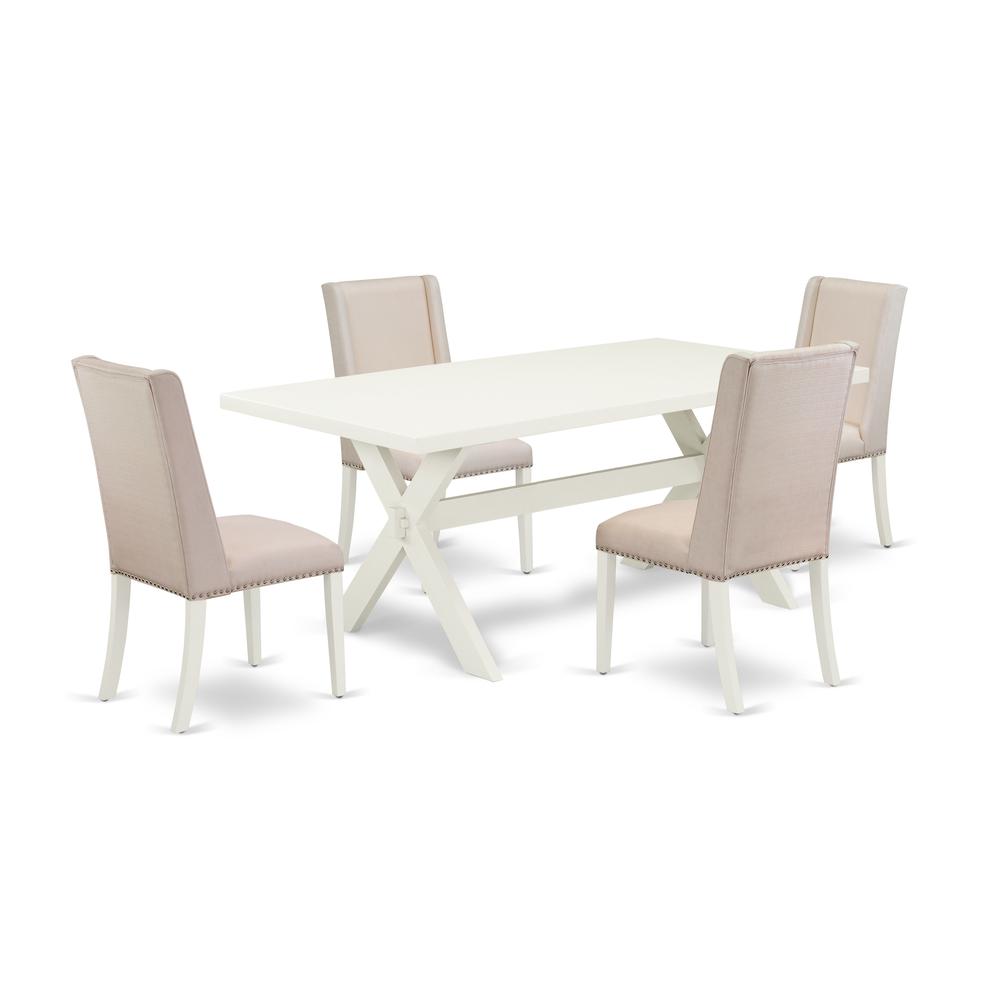 East West Furniture 5-Piece Kitchen Dining Table Set Included 4 Kitchen Dining chairs Upholstered Nails Head Seat and Stylish Chair Back and Rectangular Wood Dining room Table with Linen White rectang