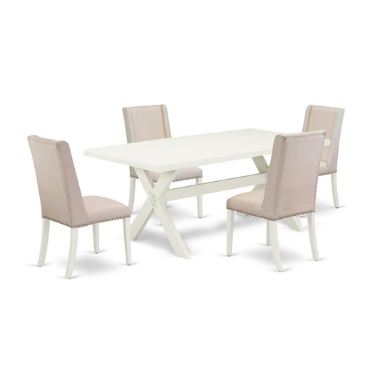 East West Furniture 5-Piece Kitchen Dining Table Set Included 4 Kitchen Dining chairs Upholstered Nails Head Seat and Stylish Chair Back and Rectangular Wood Dining room Table with Linen White rectang