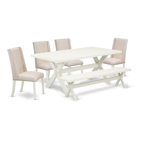 East West Furniture 6-Piece Kitchen Dining Table Set-Cream Color Linen Fabric Seat and High Stylish Chair Back kitchen parson chairs, a Rectangular Bench and Rectangular Top Kitchen Table with Wooden