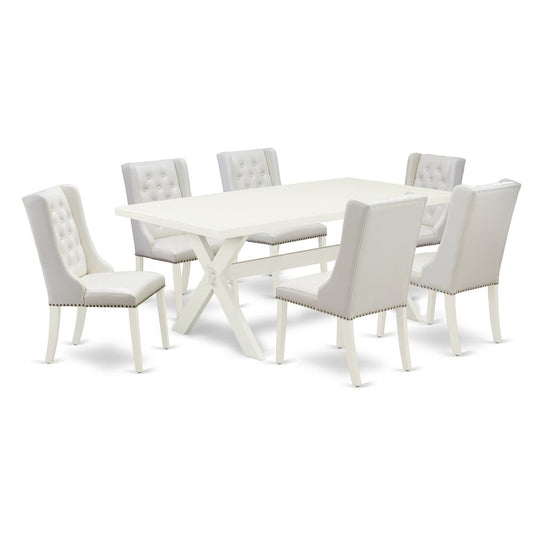 East West Furniture X027FO244-7 7-Piece Dining Room Set Contains 6 White Pu Leather Dining Room Chairs Button Tufted with Nailheads and Dining Room Table - Linen White Finish