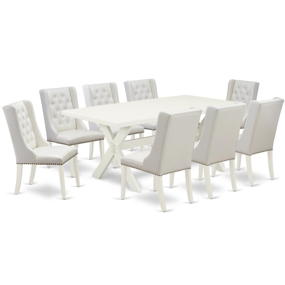 East West Furniture X027FO244-9 9-Piece Kitchen Table Set Consists of 8 White Pu Leather Dining Room Chairs Button Tufted with Nail Heads and Kitchen Table - Linen White Finish