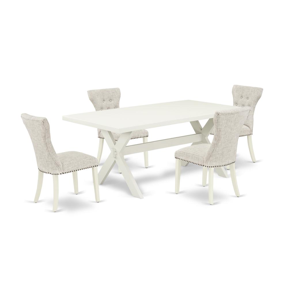 East West Furniture 5-Pc Dinette Set- 4 Upholstered Dining Chairs with Doeskin Linen Fabric Seat and Button Tufted Chair Back - Rectangular Table Top & Wooden Cross Legs - Linen White Finish