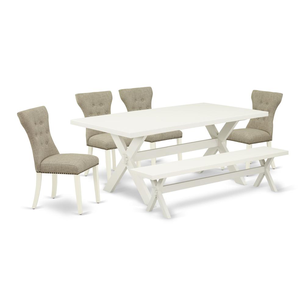 East West Furniture 6-Pc Modern Dining Table Set- 4 Parson Chairs with Doeskin Linen Fabric Seat and Button Tufted Chair Back - Rectangular Top & Wooden Cross Legs Dining Room Table and Dining Bench -