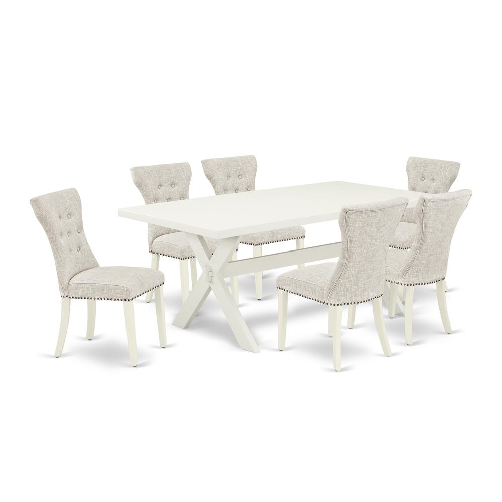 East West Furniture 7-Piece Modern Dining Set- 6 Parson Chairs with Doeskin Linen Fabric Seat and Button Tufted Chair Back - Rectangular Table Top & Wooden Cross Legs - Linen White Finish