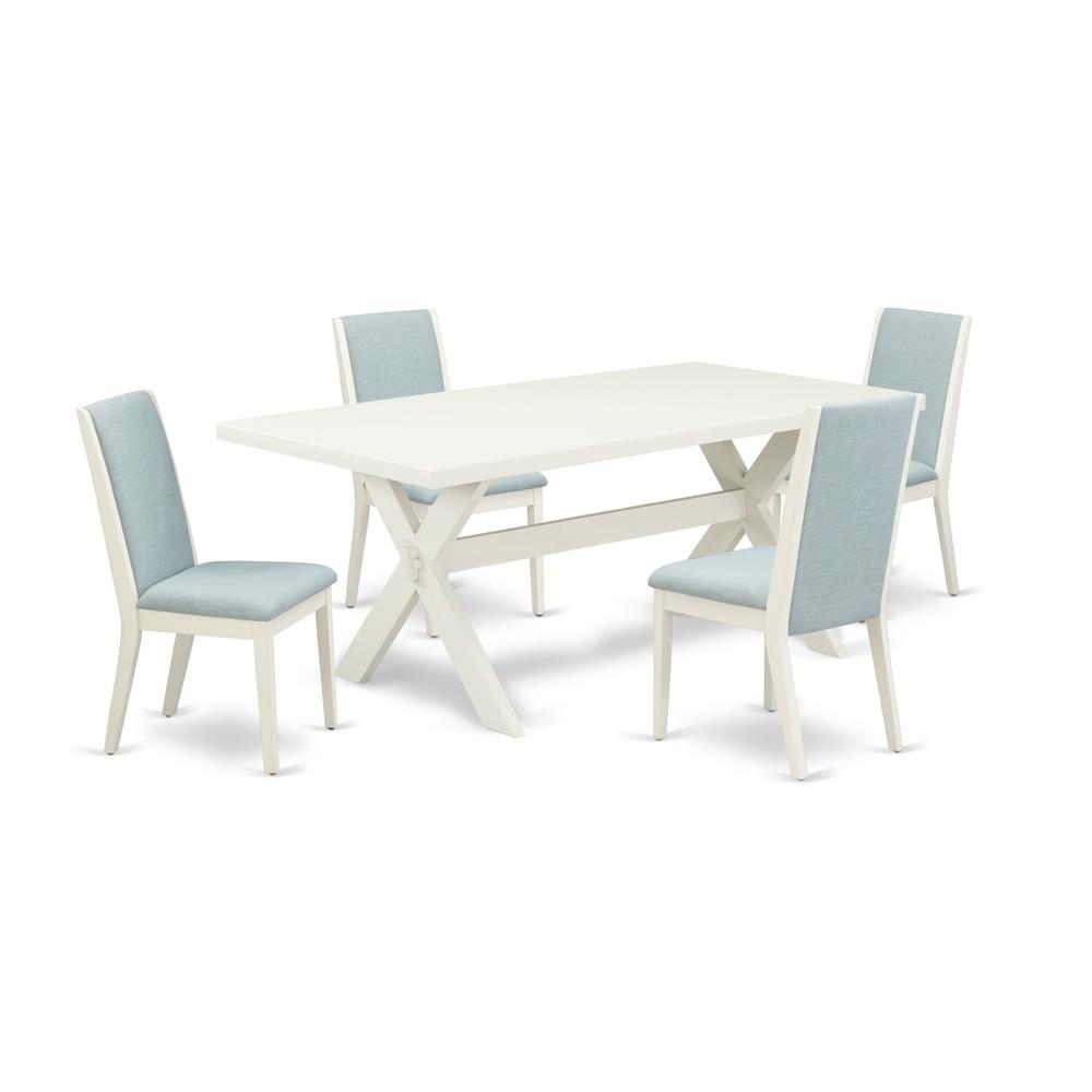 East West Furniture X027LA015-5 5Pc Kitchen Table Set Contains a Dining Room Table and 4 Parsons Chairs with Baby Blue Color Linen Fabric, Medium Size Table with Full Back Chairs, Wirebrushed Linen Wh