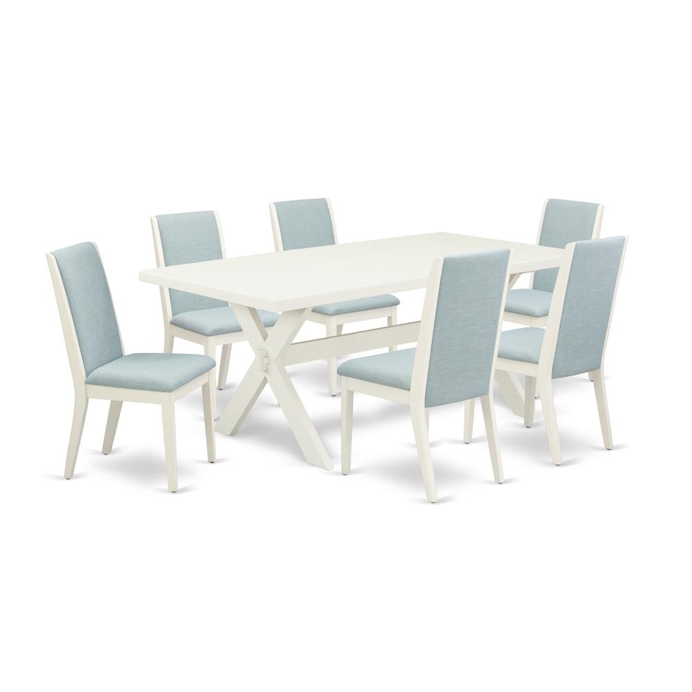 East West Furniture X027LA015-7 7Pc Wood Dining Table Set Consists of a Dining Table and 6 Parsons Chairs with Baby Blue Color Linen Fabric, Medium Size Table with Full Back Chairs, Wirebrushed Linen