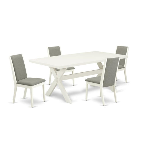 East West Furniture X027LA206-5 5-Piece Stylish Rectangular Dining Room Table Set a Superb Linen White Rectangular Dining Table Top and 4 Lovely Linen Fabric Kitchen Chairs with Stylish Chair Back, Li