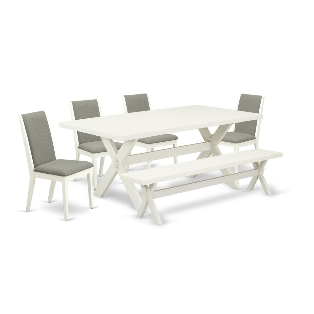 East West Furniture X027LA206-6 6-Piece Stylish Rectangular Table Set a Great Linen White Rectangular Dining Table Top and Linen White Kitchen Bench and 4 Attractive Linen Fabric Kitchen Parson Chairs