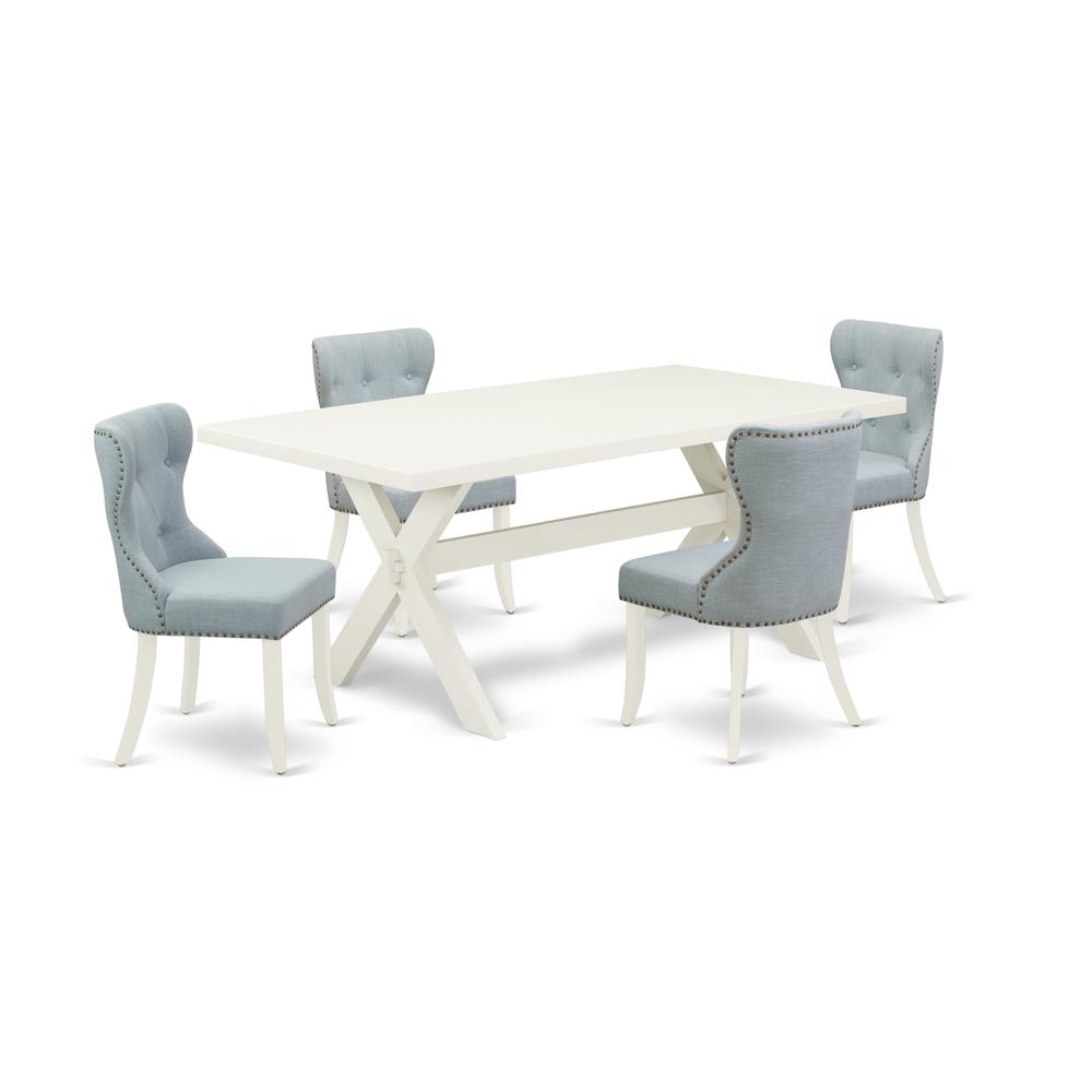 East West Furniture X027SI215-5 5-Piece Dining Set- 4 Kitchen Chairs with Baby Blue Linen Fabric Seat and Button Tufted Chair Back - Rectangular Table Top & Wooden Cross Legs - Linen White Finish