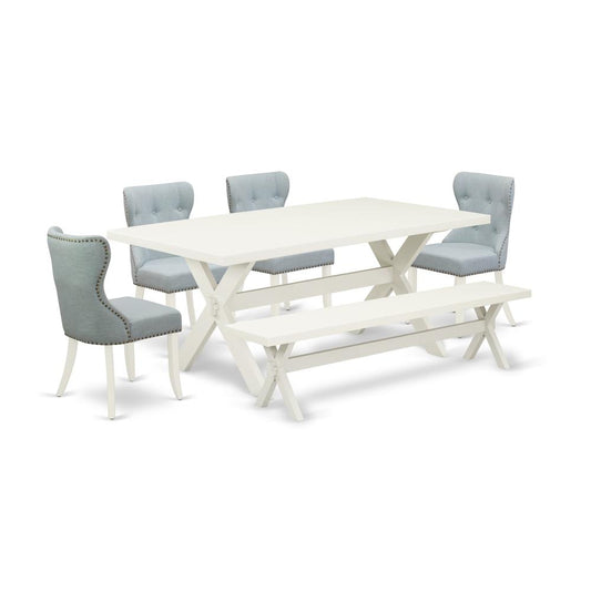 East West Furniture X027SI215-6 6-Pc Dinette Set- 4 Dining Room Chairs with Baby Blue Linen Fabric Seat and Button Tufted Chair Back - Rectangular Top & Wooden Cross Legs Dining Table and Wood Bench -