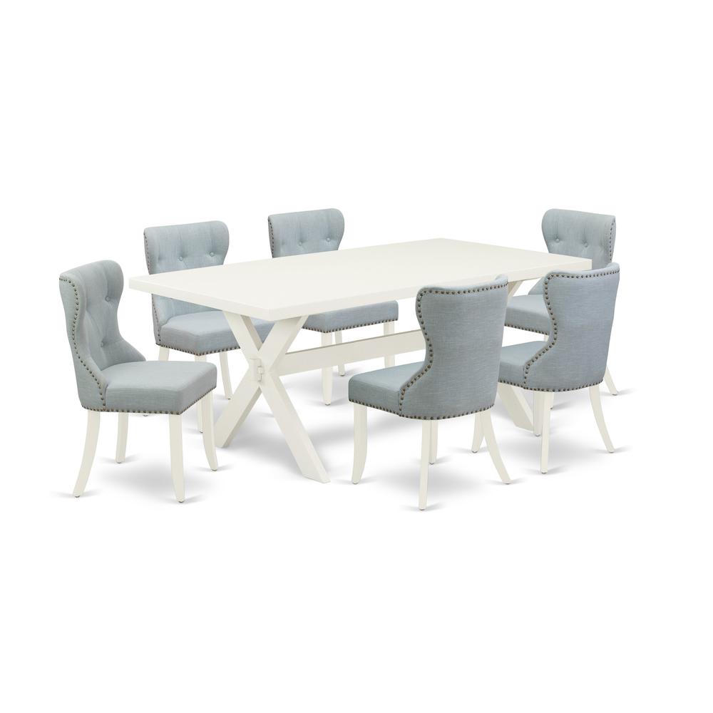 East West Furniture X027SI215-7 7-Pc Modern Dining Set- 6 Dining Chairs with Baby Blue Linen Fabric Seat and Button Tufted Chair Back - Rectangular Table Top & Wooden Cross Legs - Linen White Finish