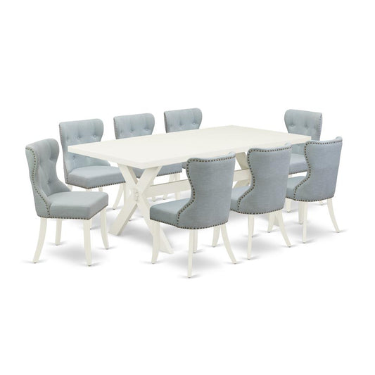 East West Furniture X027SI215-9 9-Pc Kitchen Dining Set- 8 Dining Padded Chairs with Baby Blue Linen Fabric Seat and Button Tufted Chair Back - Rectangular Table Top & Wooden Cross Legs - Linen White