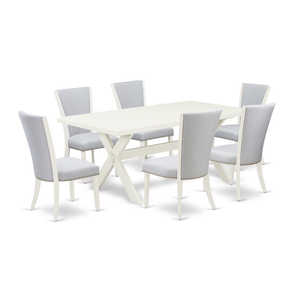 East West Furniture 7-Piece Dining Table Set Consists of 6 Kitchen Chairs with Upholstered Seat and Stylish Back-Rectangular Modern Kitchen Table - Linen White and Wirebrushed Linen White Finish