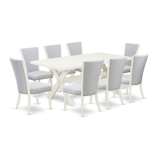 East West Furniture 9-Piece Dining Table Set Includes 8 Upholstered Chairs with Upholstered Seat and Stylish Back-Rectangular Kitchen Table - Linen White and Wirebrushed Linen White Finish